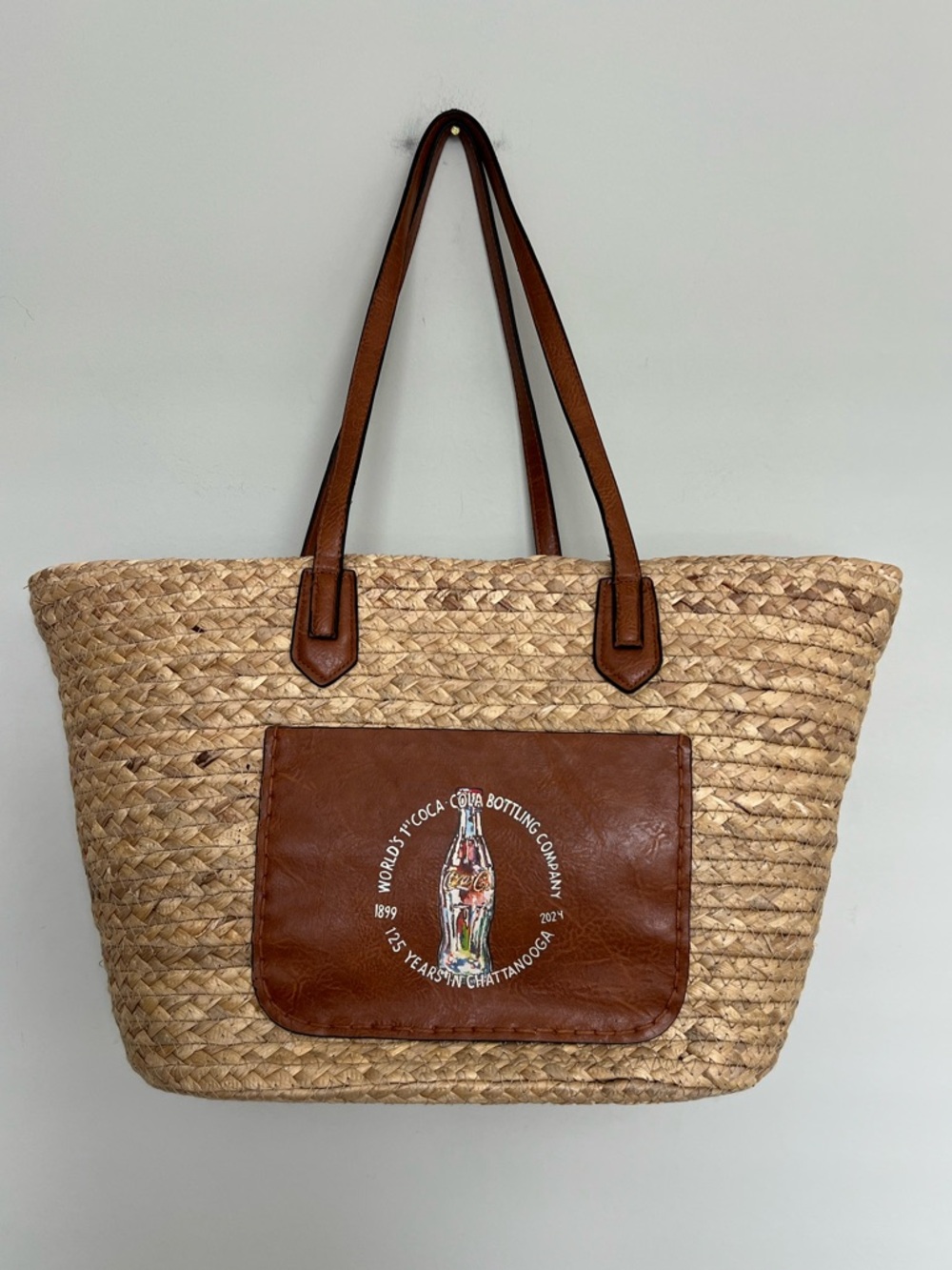 Coca Cola 125 Year Anniversary 2024 Straw Tote Faux Leather Trim Collectible